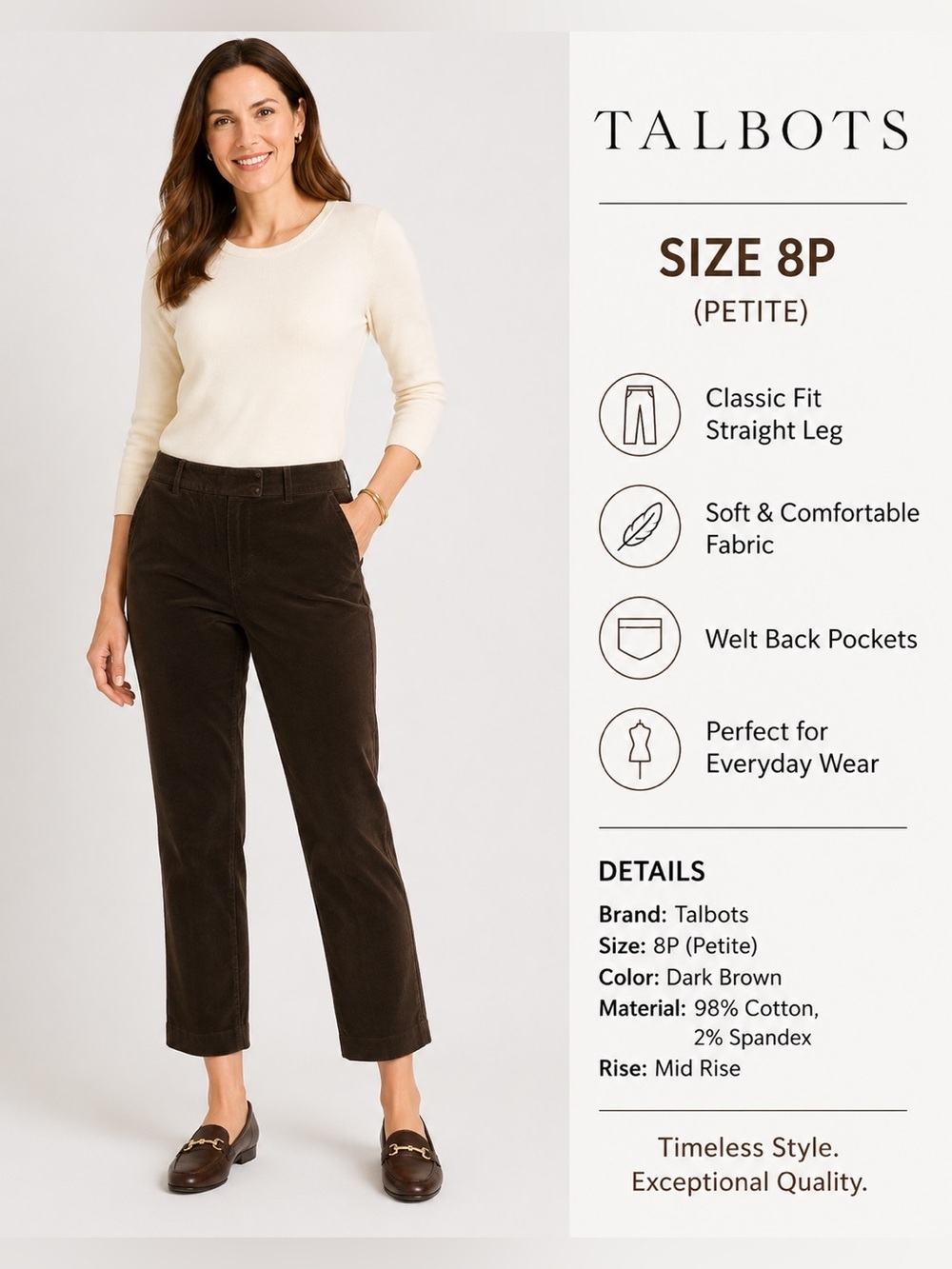 Talbots Petites women’s classic stretch Dark Brown Corduroy Pants/size 8P